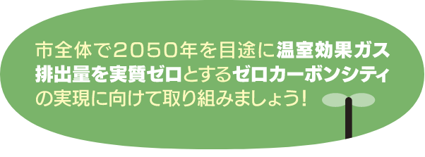 市全体で2050年を目処に温室効果ガス排出量を実質ゼロとするゼロカーボンシティの実現に向けて取り組みましょう！